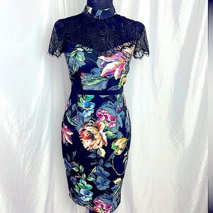 Little Mistress Floral Print & Black Lace High Neck, Capped Sleeve Pencil Dress